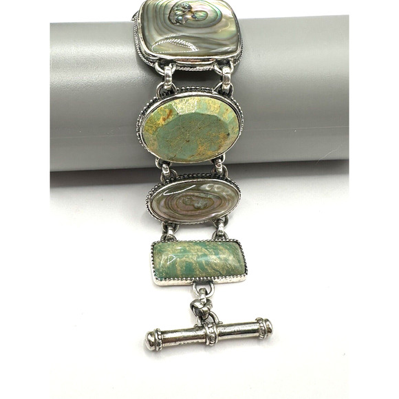 Sterling Silver Chunky Bracelet Abalone Shell & Green Turquoise Signed PB 8" - Picture 1 of 10